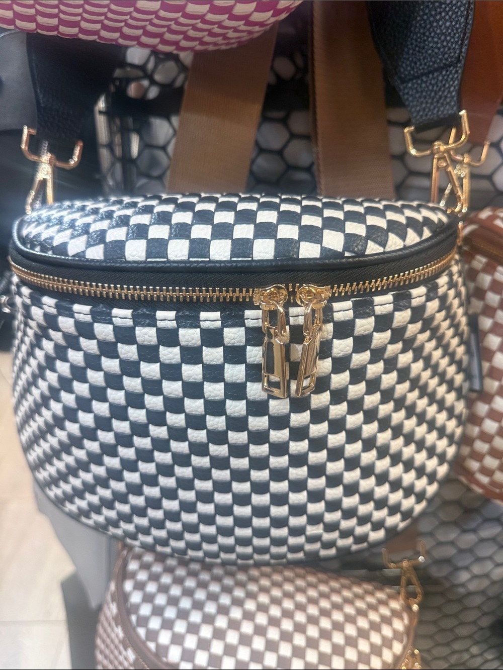 Stylish Black & White Checkered Crossbody Bag - Gold Hardware